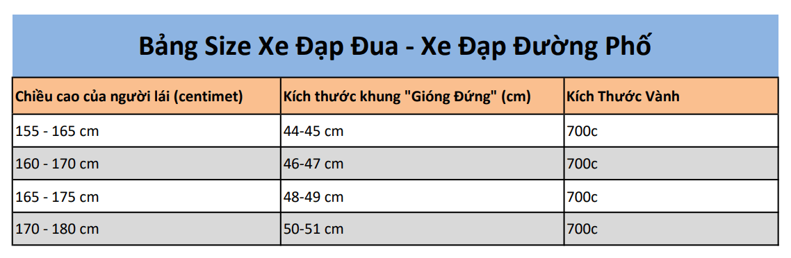 Bảng kích thước sản phm Xe Đạp Đua XdS AD300 2023