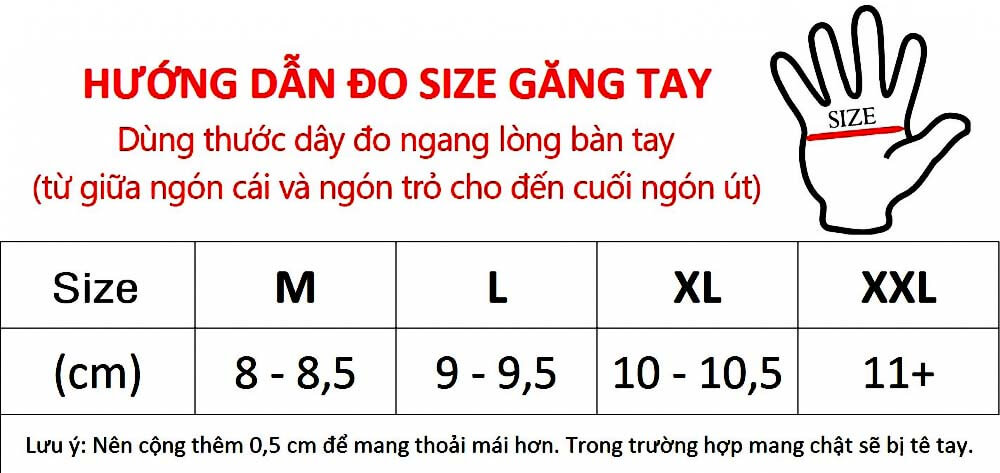 Bảng kích thước sản phm Găng Tay Cụt GIYO S02
